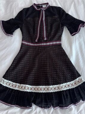 J.O.A. Black Lace Dress with Striped Trim